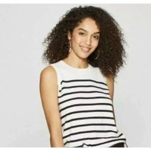 A NEW DAY Women’s Crewneck Large Stripe Cami Vest Shirt Beige Black Strip B02